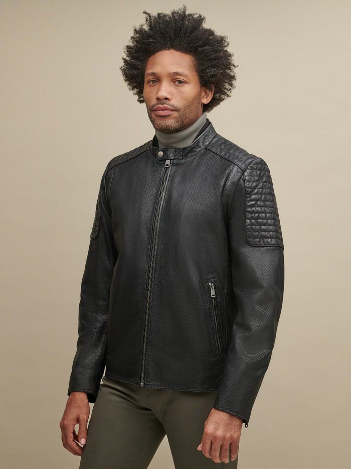 George perforated black leather jacket for men