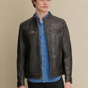 Gabe black leather jacket with patches for men - Image 2