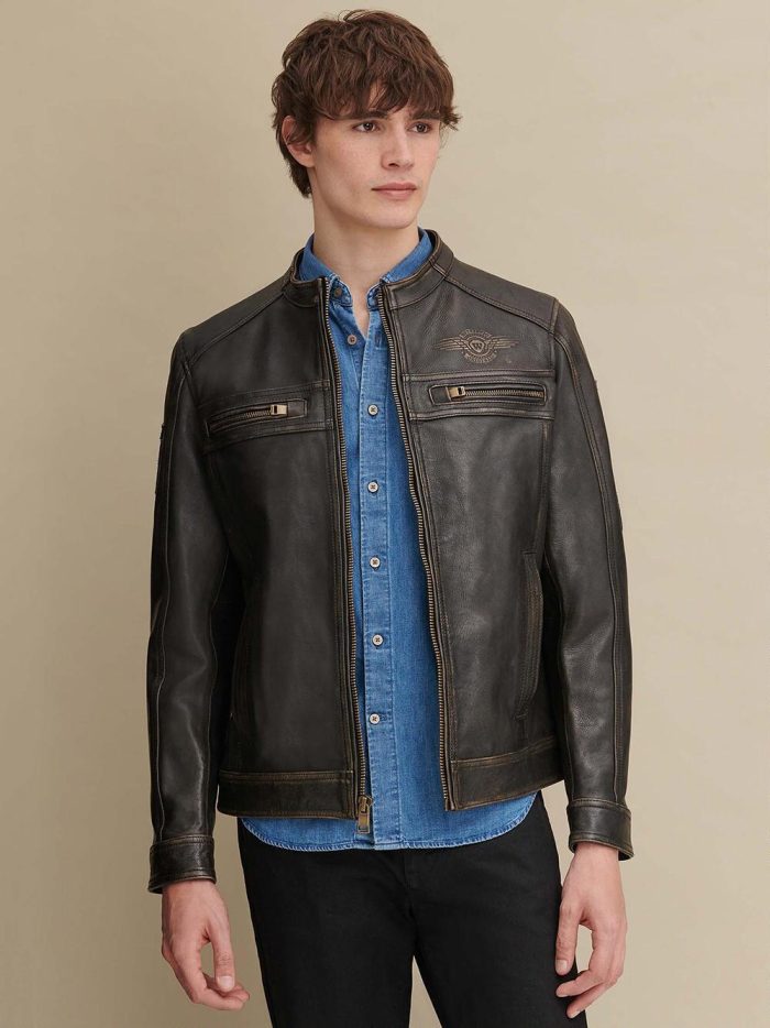 Gabe black leather jacket with patches for men - Image 2