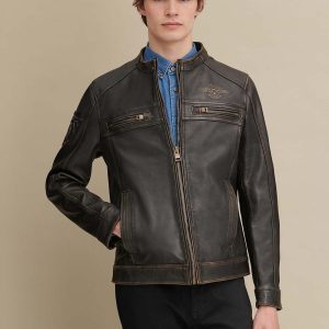 Gabe black leather jacket with patches for men