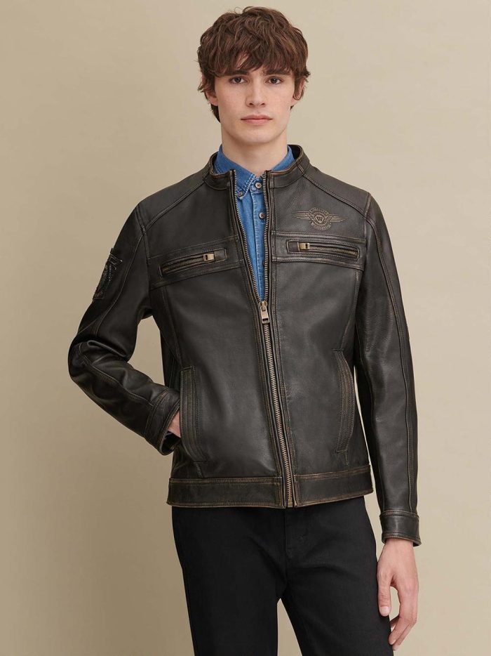 Gabe black leather jacket with patches for men
