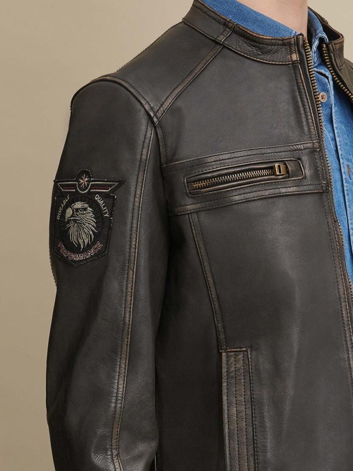 Gabe black leather jacket with patches for men - Image 3