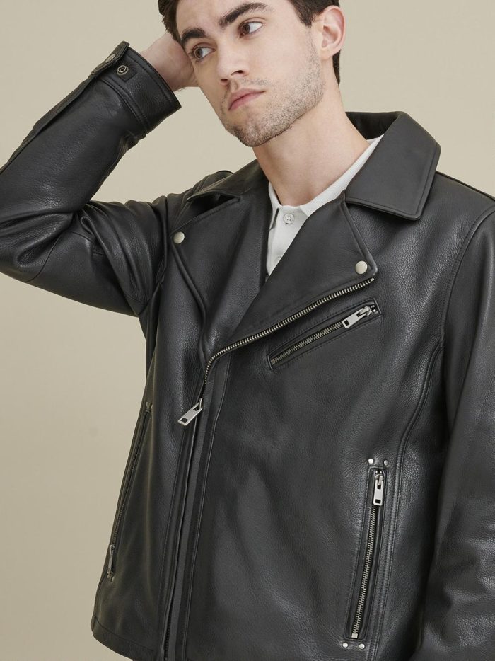 Charlie black leather moto jacket for men - Image 3