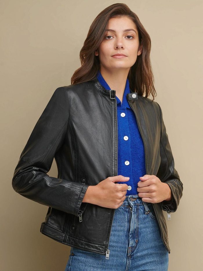 Tricia black leather jacket for women