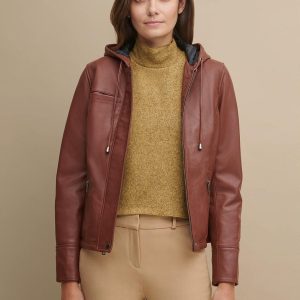 Classic hooded brown leather jacket for women