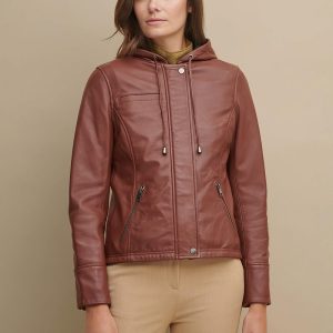 Classic hooded brown leather jacket for women - Image 2