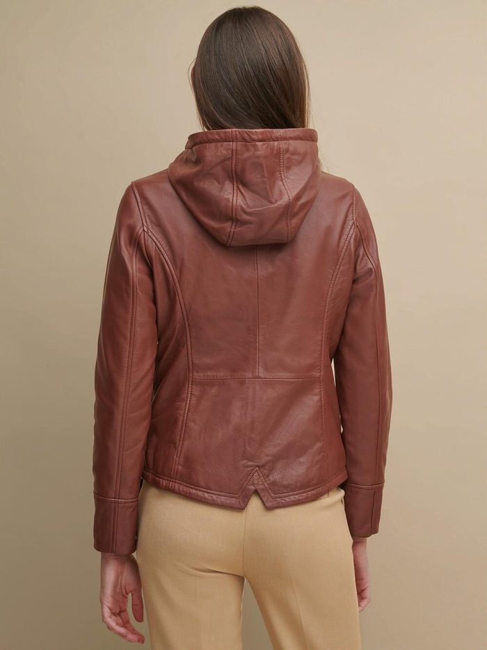 Classic hooded brown leather jacket for women - Image 3