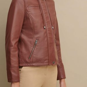 Classic hooded brown leather jacket for women - Image 4