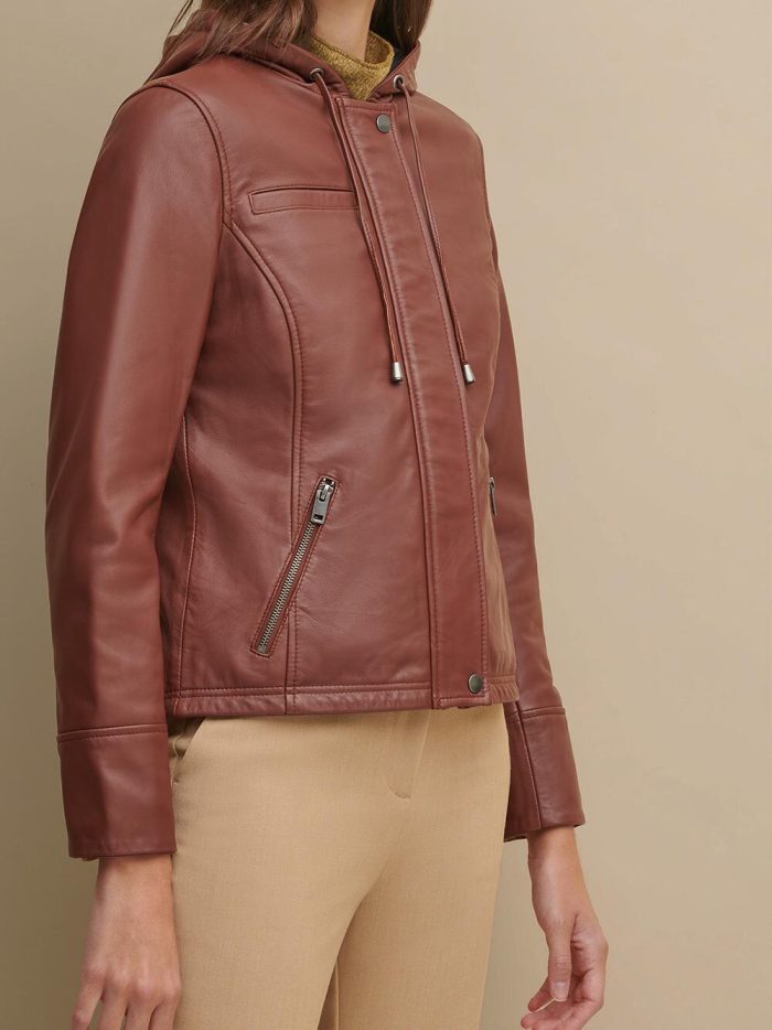 Classic hooded brown leather jacket for women - Image 4