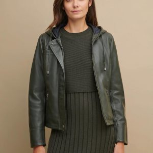 Classic hooded black leather jacket for women