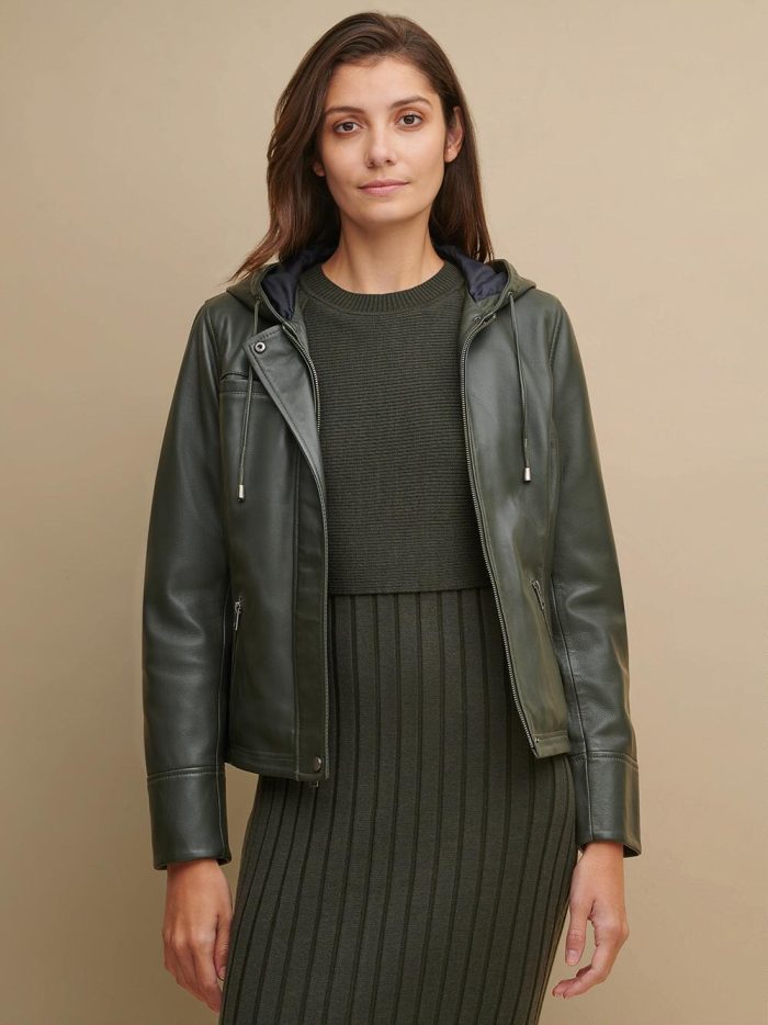 Classic hooded black leather jacket for women