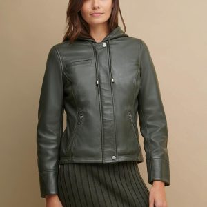 Classic hooded black leather jacket for women - Image 2