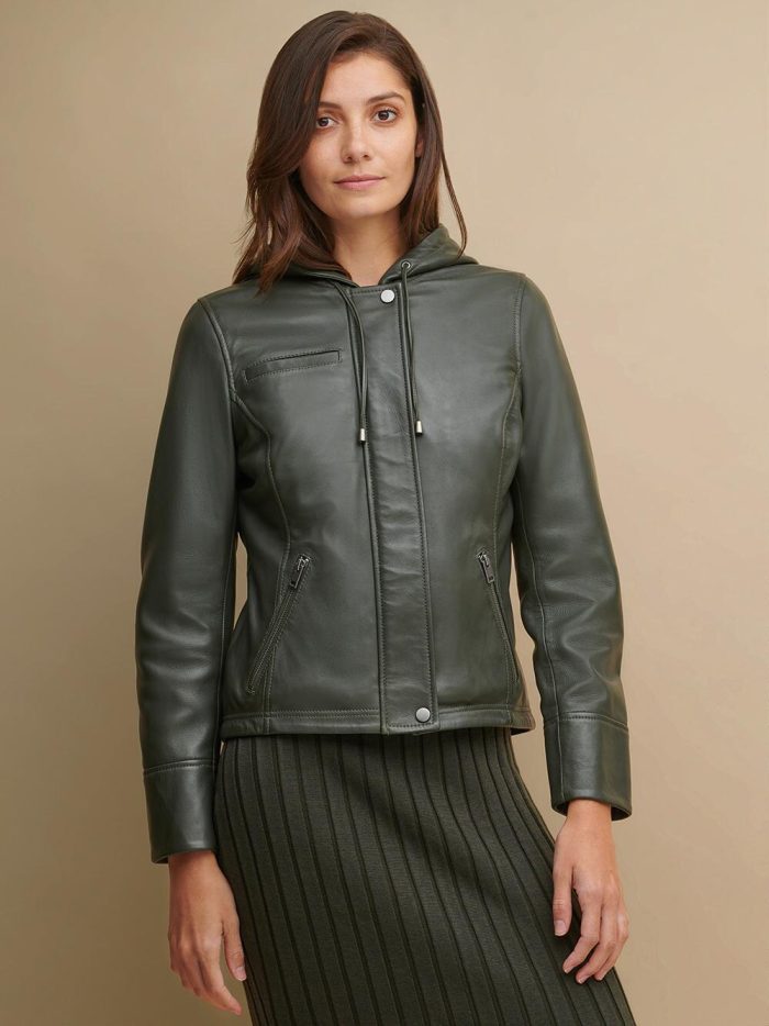 Classic hooded black leather jacket for women - Image 2