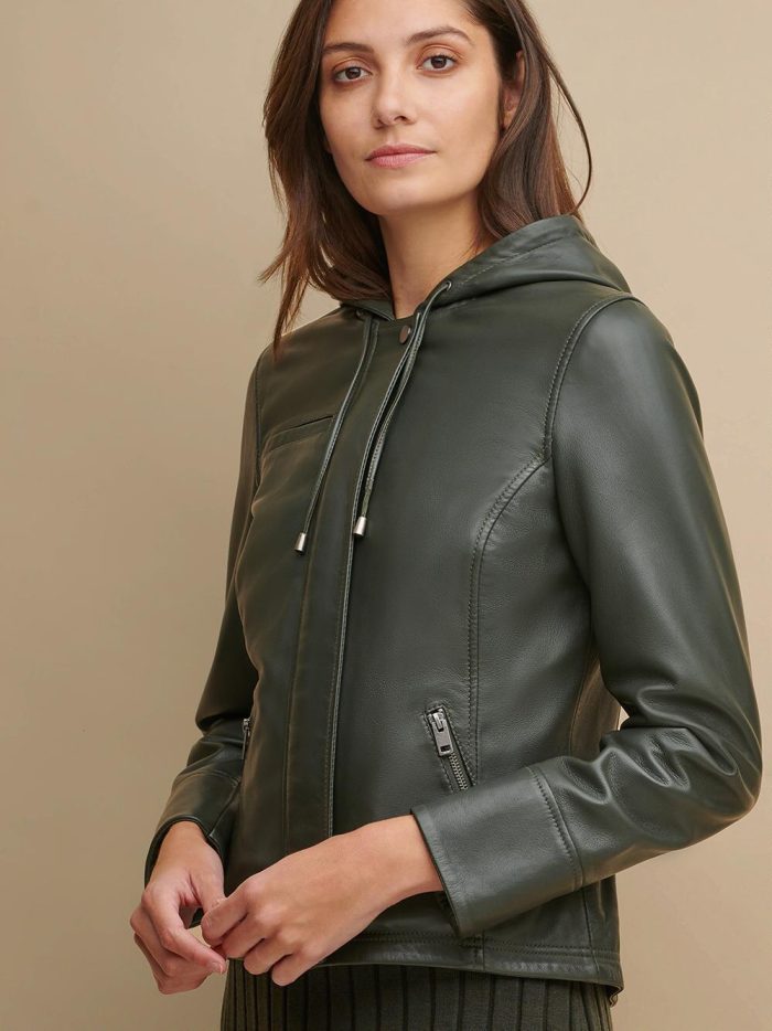 Classic hooded black leather jacket for women - Image 3