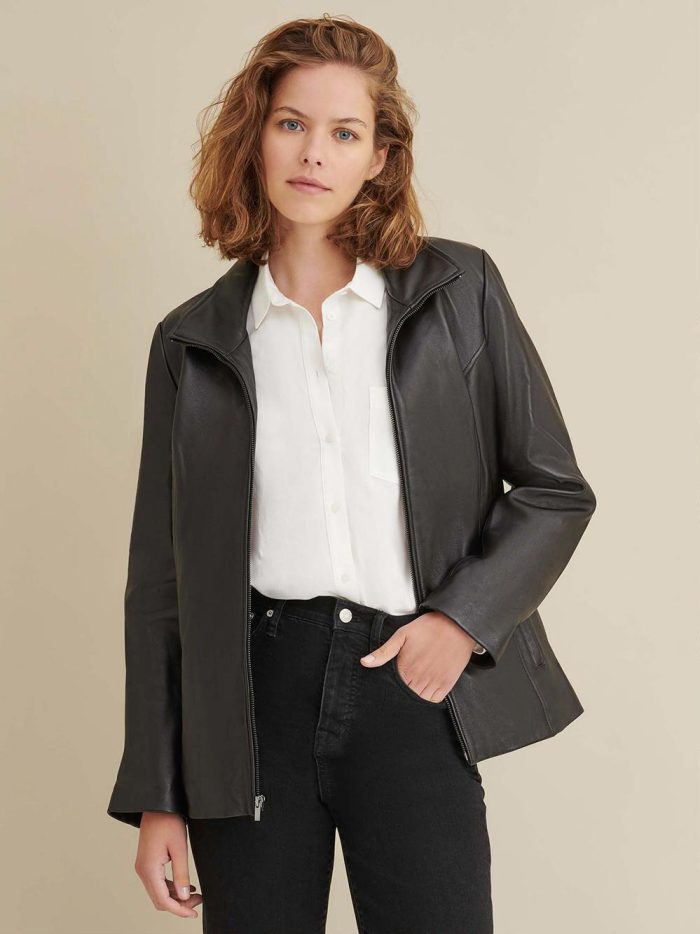 Thinsulate convertible collar black leather jacket for women