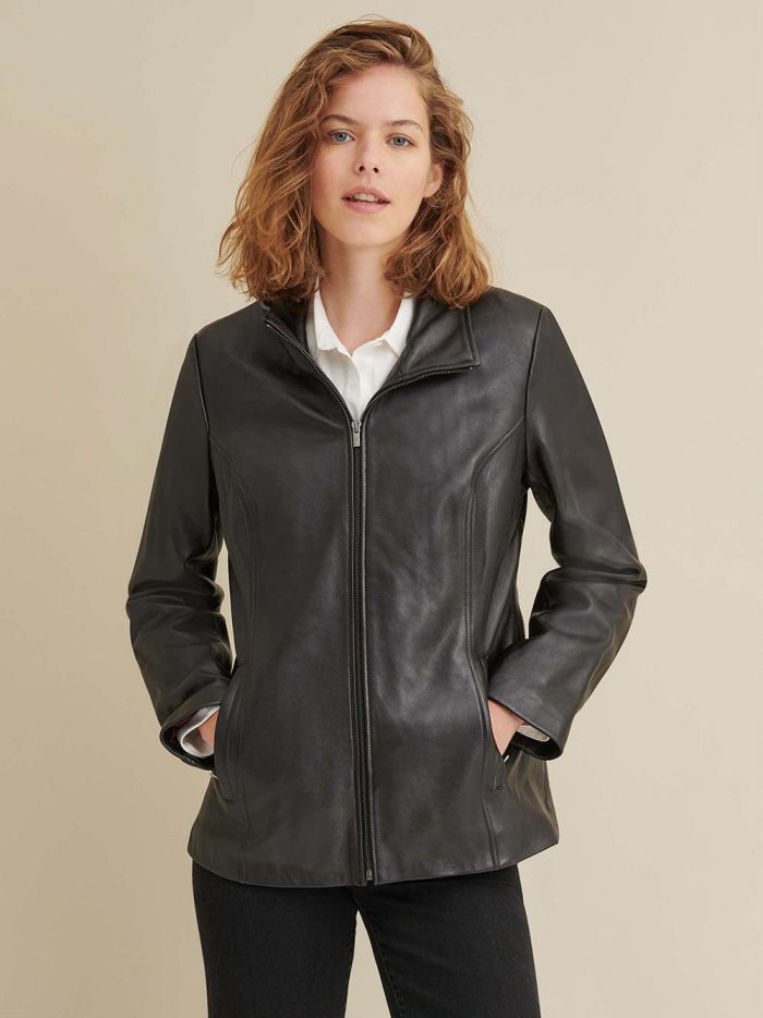 Thinsulate convertible collar black leather jacket for women - Image 2