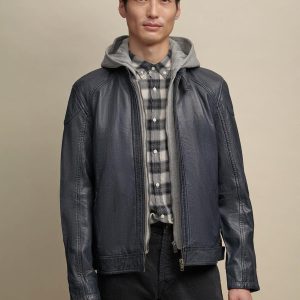 Genuine black leather jacket with hood for men