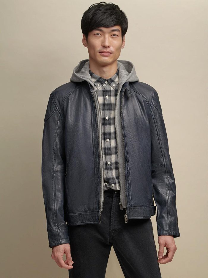 Genuine black leather jacket with hood for men
