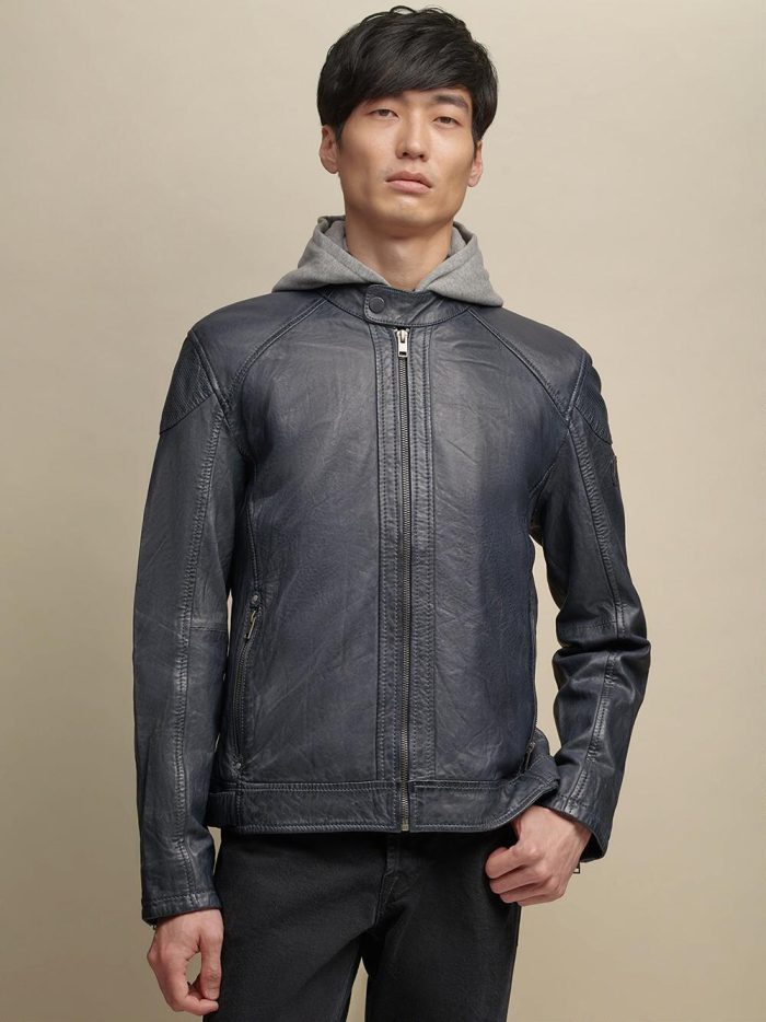 Genuine black leather jacket with hood for men - Image 2