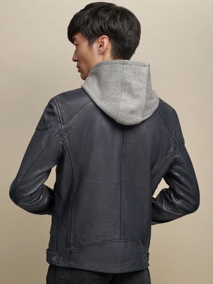 Genuine black leather jacket with hood for men - Image 3