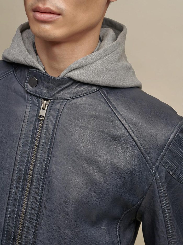 Genuine black leather jacket with hood for men - Image 4