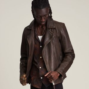 heron brown leather biker jacket for men