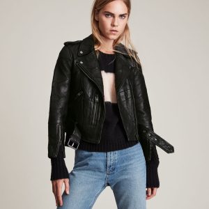 balfern patch black leather biker jacket for women