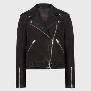 braided black suede biker jacket for women